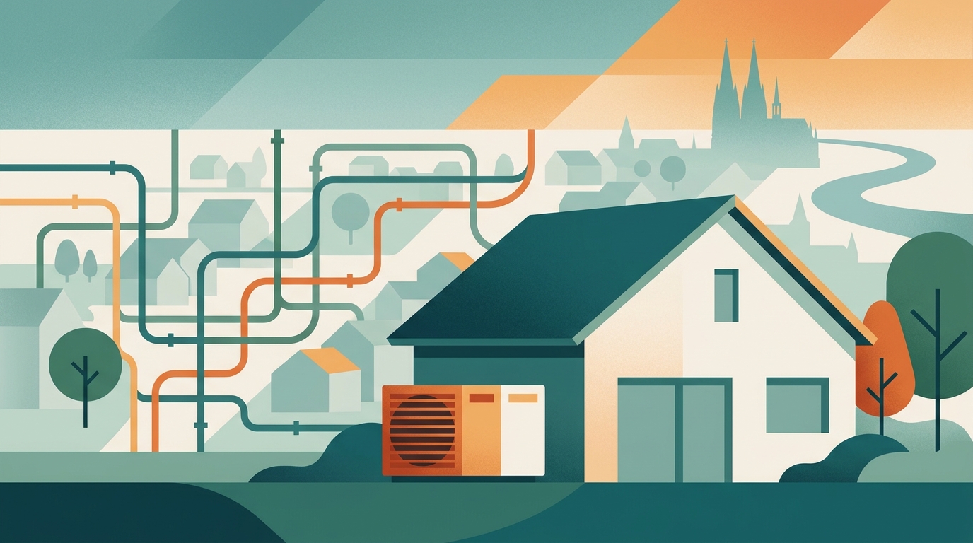 Einfamilienhaus im Rheinland mit Luft-Wärmepumpe vor einer Karte der kommunalen Wärmeplanung