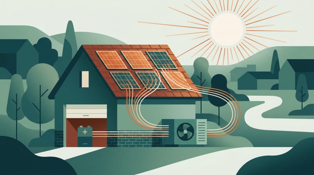 Illustration: Solardach speist Wärmepumpe am Einfamilienhaus, Energiefluss von der Sonne ins Haus