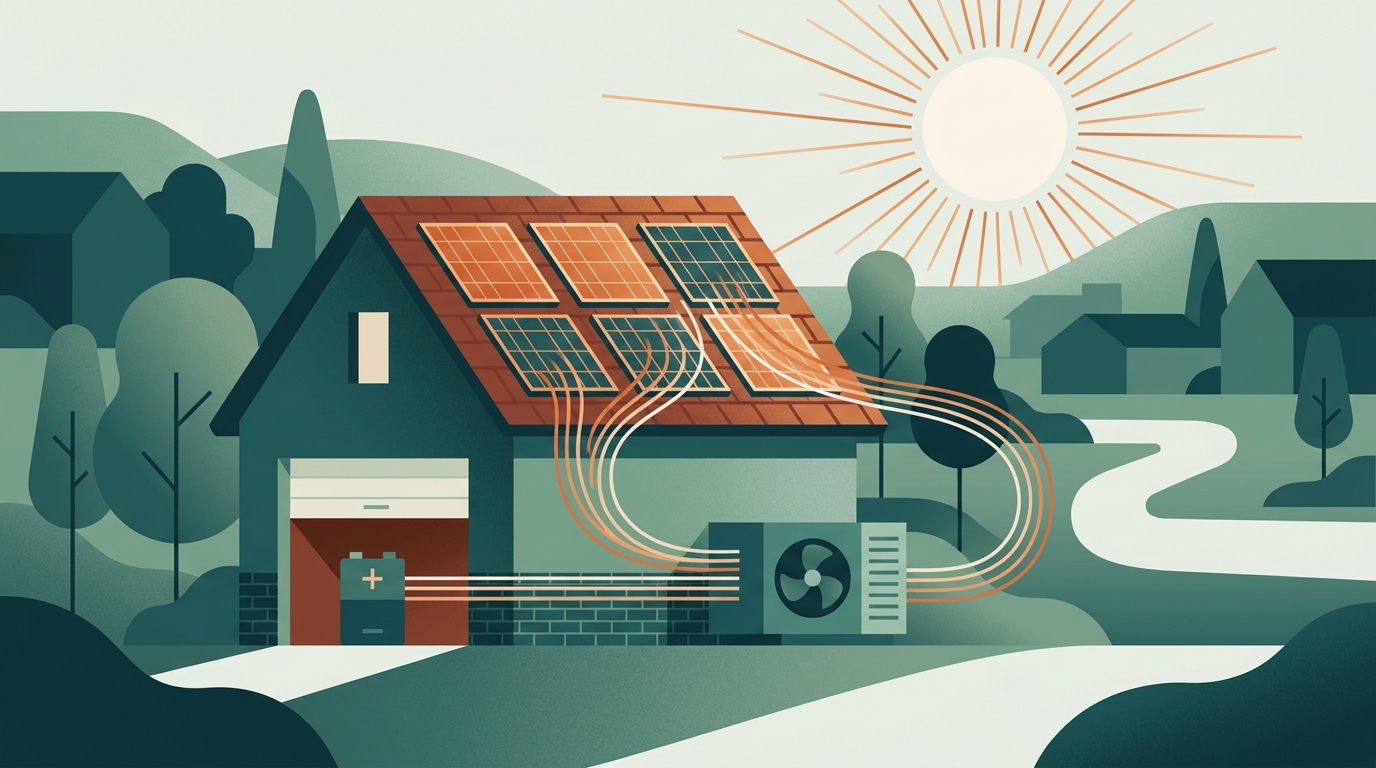 Illustration: Solardach speist Wärmepumpe am Einfamilienhaus, Energiefluss von der Sonne ins Haus