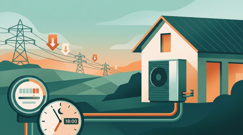 Illustration: Wärmepumpe am Stromnetz mit Zähler, Uhr und sinkenden Preisschildern