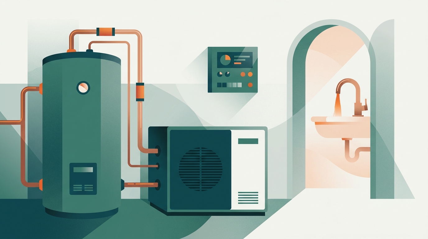 Wärmepumpe mit Warmwasserspeicher im Keller eines rheinischen Einfamilienhauses