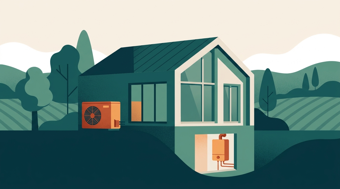 Einfamilienhaus im Rheinland mit Luft-Wärmepumpe im Garten und Gastherme als Hybridheizung