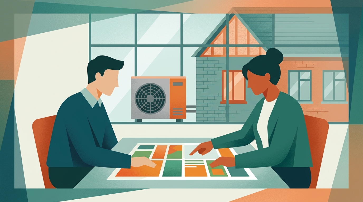 Energieberater und Hausbesitzer besprechen einen individuellen Sanierungsfahrplan, im Hintergrund ein rheinländisches Einfamilienhaus mit Luft-Wärmepumpe