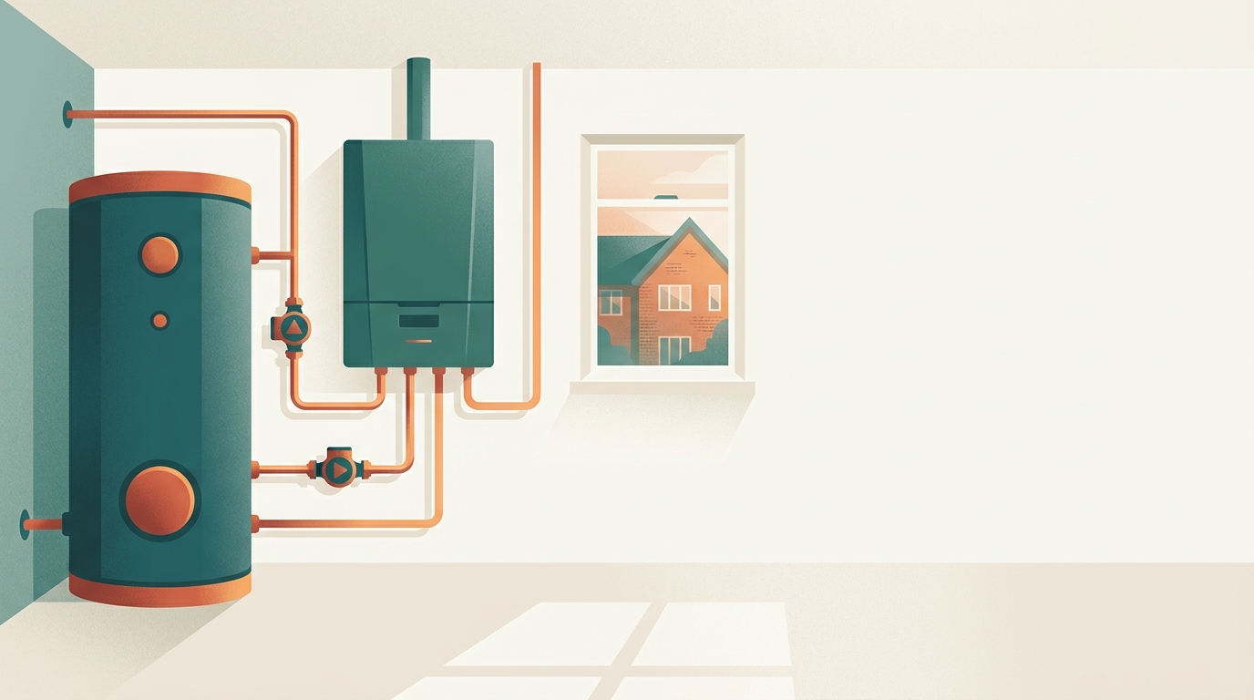 Pufferspeicher neben dem Innengerät einer Wärmepumpe im Technikraum eines Rheinland-Einfamilienhauses